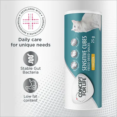 Concept for Life Sensitive Cubes Freeze-Dried Snacks Chicken 25g cat treats pack, daily care for unique needs, developed with veterinarians & nutrition experts, stable gut bacteria, low fat content
