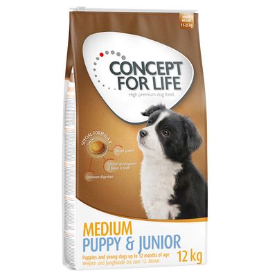 Concept for Life Medium Puppy & Junior, 12 kg. Special formula for even growth, optimal bone and teeth development, and digestion. For puppies up to 12 months.