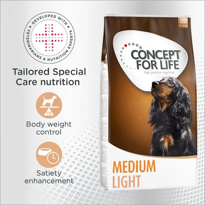 Concept for Life Medium Light dog food, developed with veterinarians and nutrition experts. Features include tailored special care nutrition, body weight control, and satiety enhancement. Concept for Life Medium Light dog food, developed with veterinarians and nutrition experts. Features include tailored special care nutrition, body weight control, and satiety enhancement.