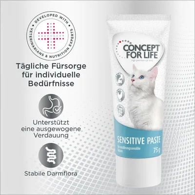 Concept for Life Sensitive Paste 75 g pour chats, texte en allemand : soins quotidiens, digestion équilibrée, flore intestinale stable. Développé avec des vétérinaires et experts nutrition.