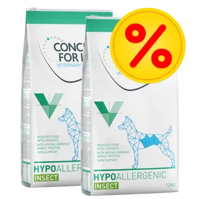 Två påsar Concept for Life Veterinary Diet Hypoallergenic Insect hundfoder, 12 kg, med gul rabattmärke med procenttecken. Text: Reduced food intolerances with hypoallergenic insect protein.