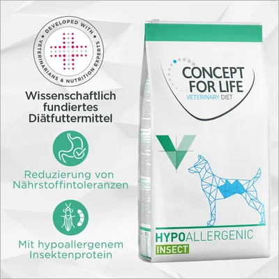 Concept for Life Veterinary Diet Hypoallergenic Insect. Wissenschaftlich fundiertes Diätfuttermittel zur Reduzierung von Nährstoffintoleranzen mit hypoallergenem Insektenprotein. Concept for Life Veterinary Diet Hypoallergenic Insect. Wissenschaftlich fundiertes Diätfuttermittel zur Reduzierung von Nährstoffintoleranzen mit hypoallergenem Insektenprotein.
