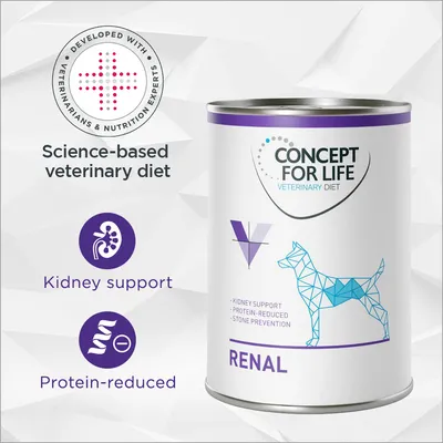 Concept for Life Veterinary Diet Renal dog food tin. Visible text: Science-based veterinary diet, Kidney support, Protein-reduced, Developed with veterinarians & nutrition experts.