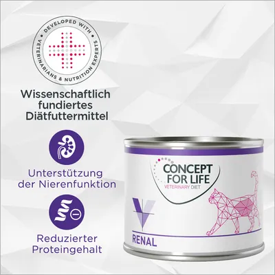 CONCEPT FOR LIFE Veterinary Diet RENAL, texte en allemand : soutien de la fonction rénale, teneur réduite en protéines, aliment diététique développé avec des experts vétérinaires. CONCEPT FOR LIFE Veterinary Diet RENAL, texte en allemand : soutien de la fonction rénale, teneur réduite en protéines, aliment diététique développé avec des experts vétérinaires.