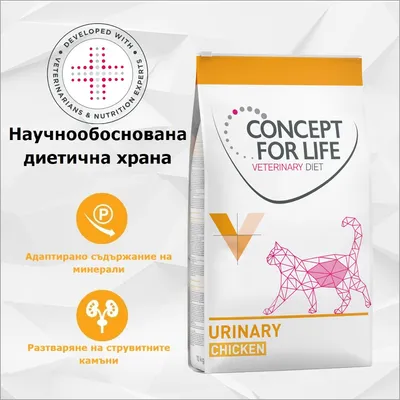 CONCEPT FOR LIFE VETERINARY DIET URINARY CHICKEN, научно обоснована диетична храна, с адаптирано минерално съдържание, подпомага разтварянето на струвитни камъни.