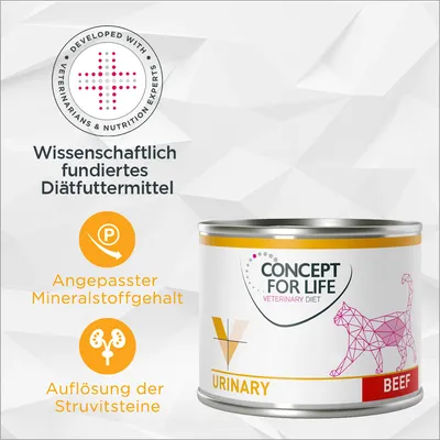 Concept for Life Veterinary Diet Urinary Beef. Wissenschaftlich fundiertes Diätfuttermittel, angepasster Mineralstoffgehalt, Auflösung der Struvitsteine. Concept for Life Veterinary Diet Urinary Beef. Wissenschaftlich fundiertes Diätfuttermittel, angepasster Mineralstoffgehalt, Auflösung der Struvitsteine.