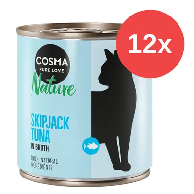 Lata Cosma Pure Love Nature Skipjack Tuna in Broth, 100% natural ingredients. Paquete de 12 unidades indicado con círculo rojo y texto '12x'.