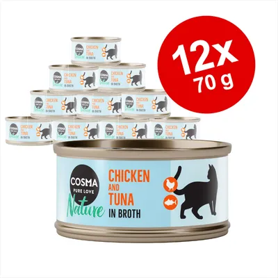Cosma Pure Love Nature Chicken and Tuna in Broth, 12 x 70 g dåser kattemad vist med tydelig tekst og illustration af kat, kylling og fisk på emballagen.