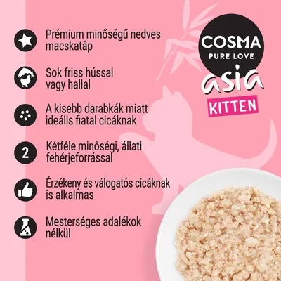 COSMA PURE LOVE asia KITTEN. Prémium minőségű nedves macskatáp, sok friss hússal vagy hallal, kétféle állati fehérjeforrással, mesterséges adalékok nélkül.