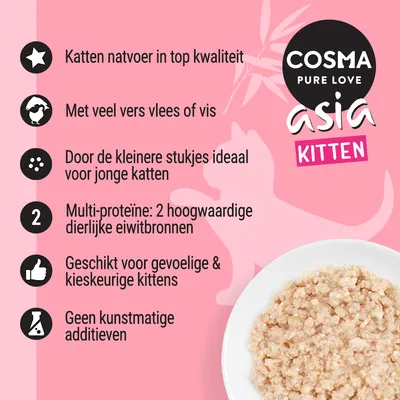 COSMA Pure Love Asia Kitten katten natvoer. Met veel vers vlees of vis, kleinere stukjes voor jonge katten, 2 dierlijke eiwitbronnen, geschikt voor gevoelige kittens, geen kunstmatige additieven.