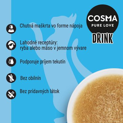 COSMA PURE LOVE DRINK. Chutná maškrta vo forme nápoja, ryba alebo mäso v jemnom vývare, podporuje príjem tekutín, bez obilnín a prídavných látok.