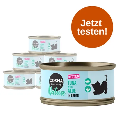 Mehrere Dosen Cosma Pure Love Nature Kitten Tuna with Aloe in Broth. Orange Kreis mit Text: Jetzt testen!