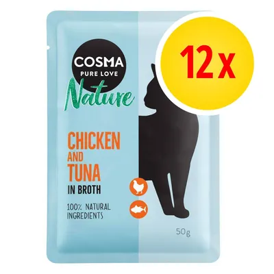 Cosma Pure Love Nature, Chicken and Tuna in Broth, 100% natural ingredients, lot de 12 sachets de 50 g pour chat. Texte en anglais sur l’emballage.