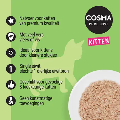 COSMA PURE LOVE KITTEN natvoer voor katten, premium kwaliteit, veel vers vlees of vis, kleinere stukjes, single eiwitbron, geschikt voor gevoelige katten, geen kunstmatige toevoegingen.