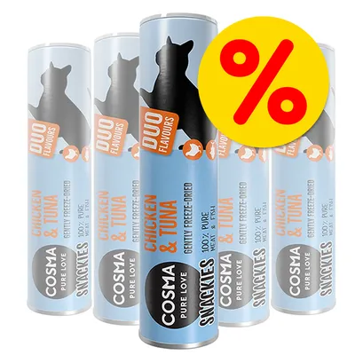 COSMA PURE LOVE SNACKIES DUO FLAVOURS CHICKEN & TUNA, 100% PURE MEAT & FISH, gently freeze-dried -kissanherkkupakkauksia, keltainen prosenttimerkki tarjouksesta