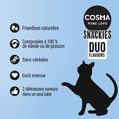 COSMA PURE LOVE SNACKIES DUO FLAVOURS. Friandises naturelles, 100 % viande ou poisson, sans céréales, goût intense, 2 saveurs dans un tube. Texte en français et anglais.