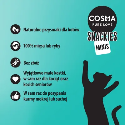 COSMA PURE LOVE SNACKIES MINIS. Naturalne przysmaki dla kotów, 100% mięsa lub ryby, bez zbóż, wyjątkowo małe kostki, w sam raz dla kociąt i seniorów, do posypania karmy mokrej lub suchej.