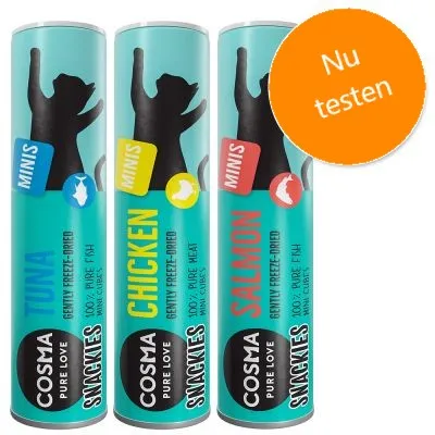 Drie kokers Cosma Snackies Minis: Tuna, Chicken, Salmon. Tekst: gently freeze-dried, 100% pure fish/meat mini cubes. Oranje cirkel met tekst: Nu testen. Drie kokers Cosma Snackies Minis: Tuna, Chicken, Salmon. Tekst: gently freeze-dried, 100% pure fish/meat mini cubes. Oranje cirkel met tekst: Nu testen.
