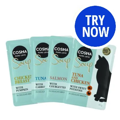 Cosma Pure Love Soup pouches: chicken breast with pumpkin, tuna with carrots, salmon with courgettes, tuna and chicken with sweet potatoes. Blue circle with 'Try Now'.
