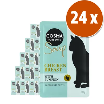 Pack de 24 sobres Cosma Pure Love Soup, pechuga de pollo con calabaza en caldo delicado, 40 g cada uno. Imagen del envase con silueta de gato y texto visible en inglés. Pack de 24 sobres Cosma Pure Love Soup, pechuga de pollo con calabaza en caldo delicado, 40 g cada uno. Imagen del envase con silueta de gato y texto visible en inglés.