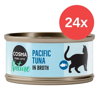 Lata de comida para gatos Cosma Pure Love Nature Pacific Tuna in Broth, pack de 24 unidades. Etiqueta con silueta de gato y texto en inglés visible.