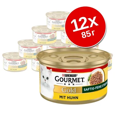 Набор из 12 банок корма для кошек Purina Gourmet Gold mit Huhn, каждая по 85 г. На упаковке изображён белый кот и кусочки курицы. Набор из 12 банок корма для кошек Purina Gourmet Gold mit Huhn, каждая по 85 г. На упаковке изображён белый кот и кусочки курицы.
