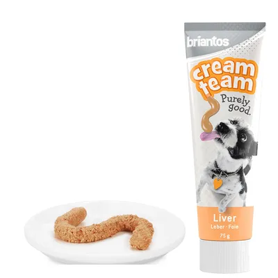 briantos cream team Liver, Leber, Foie. Tube mit 75g Inhalt und Abbildung eines Hundes. Produktbeispiel auf weissem Teller sichtbar.