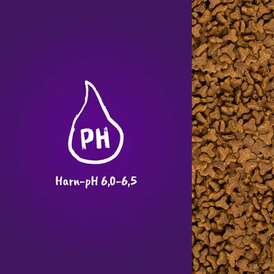 Texte visible : Harn-pH 6,0–6,5 avec symbole goutte et PH. Croquettes visibles à droite de l’image.