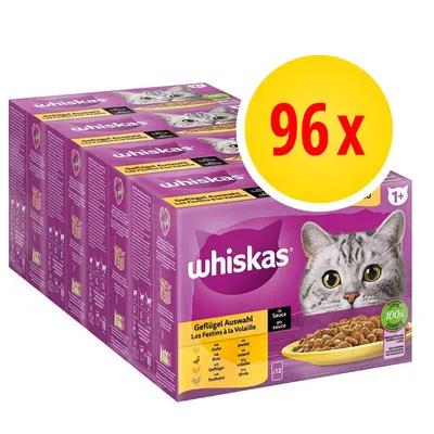 Whiskas Geflügel Auswahl w sosie, 96 x 12 saszetek, opakowanie zbiorcze, widoczny kot i miska karmy na froncie. Dla kotów powyżej 1 roku. Whiskas Geflügel Auswahl w sosie, 96 x 12 saszetek, opakowanie zbiorcze, widoczny kot i miska karmy na froncie. Dla kotów powyżej 1 roku.