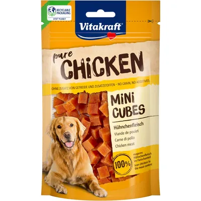 Vitakraft pure Chicken Mini Cubes, kyllingekød, uden tilsat korn og tilsætningsstoffer, 100% magert kyllingekød i kødindholdet, genanvendelig emballage. Vitakraft pure Chicken Mini Cubes, kyllingekød, uden tilsat korn og tilsætningsstoffer, 100% magert kyllingekød i kødindholdet, genanvendelig emballage.