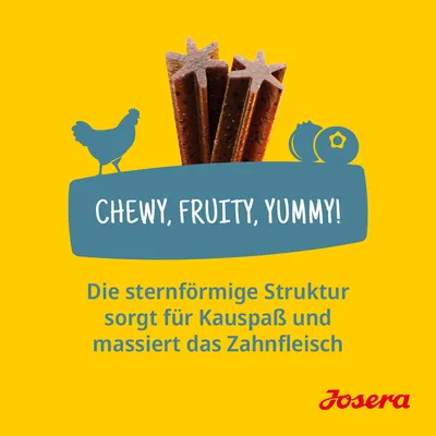Josera Kausticks mit sternförmiger Struktur, sorgt für Kauspass und massiert das Zahnfleisch. Text: Chewy, Fruity, Yummy!