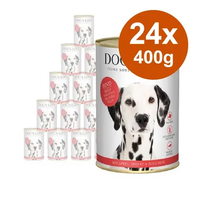 Confezione da 24 lattine da 400 g di DOG'S LOVE, alimento per cani con manzo, mela, spinaci e zucchine. Testo visibile: BIND, RIND, MIT APFEL SPINAT & ZUCCHINI. Confezione da 24 lattine da 400 g di DOG'S LOVE, alimento per cani con manzo, mela, spinaci e zucchine. Testo visibile: BIND, RIND, MIT APFEL SPINAT & ZUCCHINI.