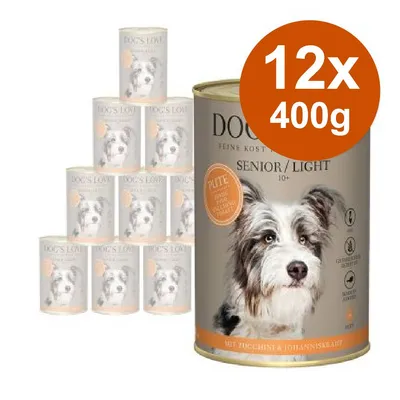 Confezione da 12 lattine DOG'S LOVE Senior/Light 10+ da 400 g, visibile scritta 'MIT ZUCCHINI & JOHANNISKRAUT', immagine di un cane sul fronte della lattina.