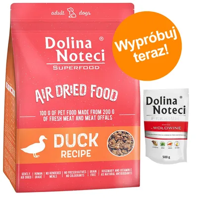 Dolina Noteci Superfood Air Dried Food Duck Recipe, 100 g karmy z 200 g świeżego mięsa i podrobów. Dolina Noteci Premium bogata w wołowinę 500 g. Napis: Wypróbuj teraz!