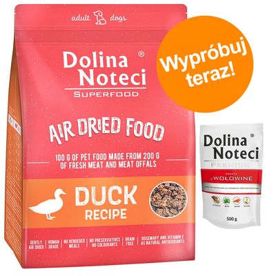 Pakiet mieszany Dolina Noteci Superfood Adult, 1 kg + 10x500 g Zestaw I: 1 kg Superfood Adult, z kaczką + 10 x 500 g Premium w saszetkach, wołowina