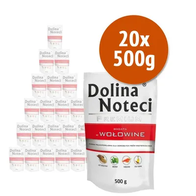 Dolina Noteci Premium, confezione da 20 buste da 500 g ciascuna. Testo visibile: BOGATA W WOŁOWINĘ. Immagine di una busta singola e piramide di buste sullo sfondo. Dolina Noteci Premium, confezione da 20 buste da 500 g ciascuna. Testo visibile: BOGATA W WOŁOWINĘ. Immagine di una busta singola e piramide di buste sullo sfondo.
