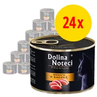 Dolina Noteci Premium bogata w kaczkę, zestaw 24 puszek karmy dla kotów. Widoczna etykieta z nazwą i ilustracją kota.