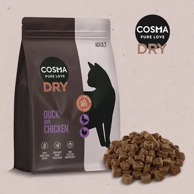 Cosma Pure Love Dry Adult. Luftgetrocknetes Trockenfutter mit Ente und Huhn, 100% getreidefrei, hoher Fleischanteil aus frischem Fleisch, nur ausgewählte Zutaten.