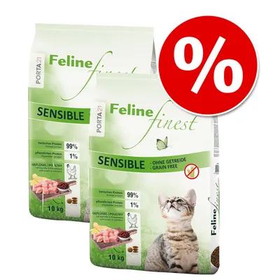 Dwie torby Porta21 Feline Finest Sensible 10 kg, widoczny napis: 99% białka zwierzęcego, 1% roślinnego, bez zbóż, Geflügel/Poultry. Czerwone kółko z symbolem procentu.