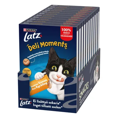 Purina Latz Deli Moments, indeholder kylling, uden tilsat sukker, 100% smag, snackpakke med flere enkeltportioner.
