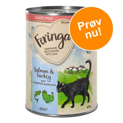 Feringa Salmon & Turkey with courgette & watercress, ADULT, 400 g. Tekst: CLASSIC MEAT, HOMEMADE TASTE BEGINS WITH LOVE. Orange cirkel med teksten Prøv nu!