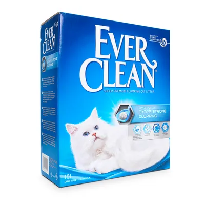 Наполнитель для кошачьего туалета Ever Clean, 10 л, без запаха, Extra Strong Clumping. На упаковке изображена белая кошка и значки характеристик продукта. Наполнитель для кошачьего туалета Ever Clean, 10 л, без запаха, Extra Strong Clumping. На упаковке изображена белая кошка и значки характеристик продукта.
