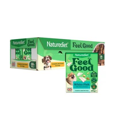 Naturediet Feel Good White Fish with Rice & Potato, 18x390g, Complete Wet Meals for Dogs, made in the UK, 100% natural ingredients. Naturediet Feel Good White Fish with Rice & Potato, 18x390g, Complete Wet Meals for Dogs, made in the UK, 100% natural ingredients.