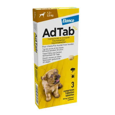 Elanco AdTab kauwtabletten voor honden 1,3–2,5 kg, doodt vlooien en teken, werkzaam 30 dagen, 3 tabletten van 56 mg lotilaner. Voor honden. Tekst in meerdere talen zichtbaar.