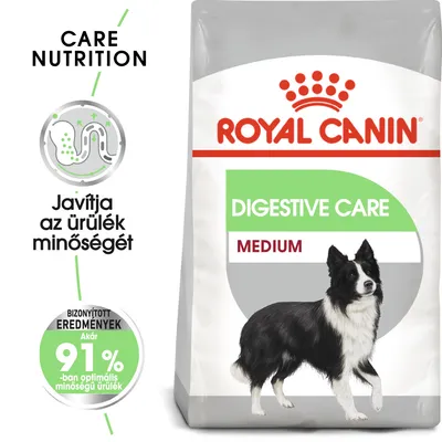 Royal Canin Digestive Care Medium kutyatáp csomagolás, fekete-fehér kutya képe, szöveg: Javítja az ürülék minőségét, Akár 91%-ban optimális minőségű ürülék.