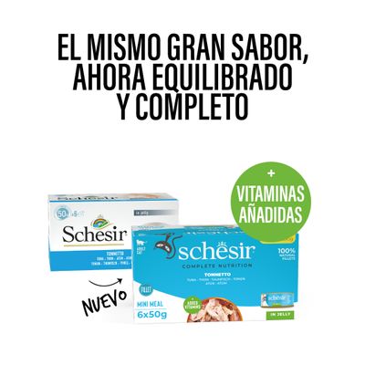 Schesir Mini Meal para gatos adultos, atún en gelatina, 6x50g, filetes 100% naturales, con vitaminas añadidas.