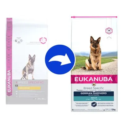Förpackningsändring av Eukanuba Breed Specific German Shepherd Adult 12 kg, visar gammal och ny design med schäferbild och synlig produkttext.