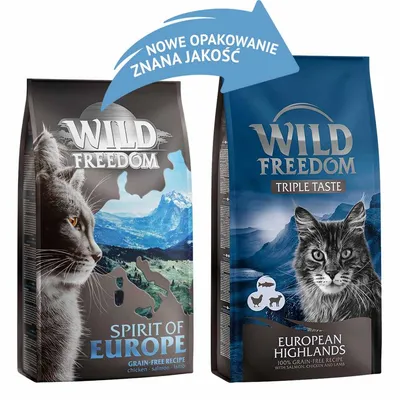 Dwa opakowania karmy Wild Freedom: Spirit of Europe (chicken, salmon, lamb) i Triple Taste European Highlands (salmon, chicken, lamb). Napis: Nowe opakowanie, znana jakość.