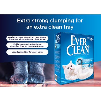 Ever Clean Super Premium Clumping Cat Litter, unscented, extra strong clumping, maximum odour removal with activated carbon, continuous freshness, 10L low dust formula.