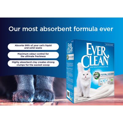 Ever Clean Super Premium clumping litter for cats, Total Cover technology, seals up to 99% of solid and liquid waste, 10L, low-dust formula, odourless, with activated carbon.
